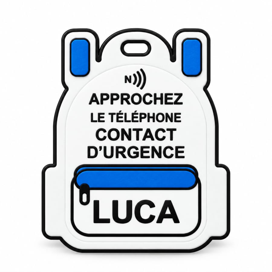 Porte-clés sac à dos NFC personnalisé – Contact d’urgence