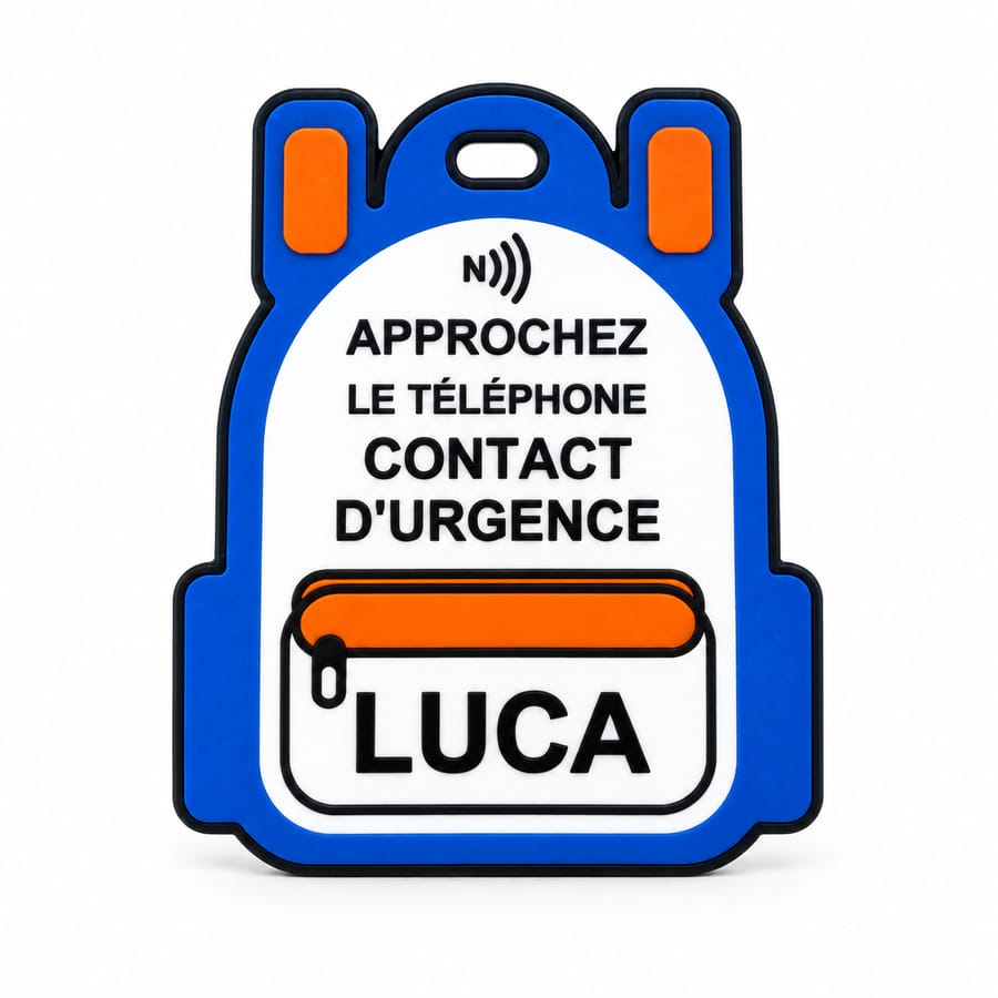 Porte-clés sac à dos NFC personnalisé – Contact d’urgence