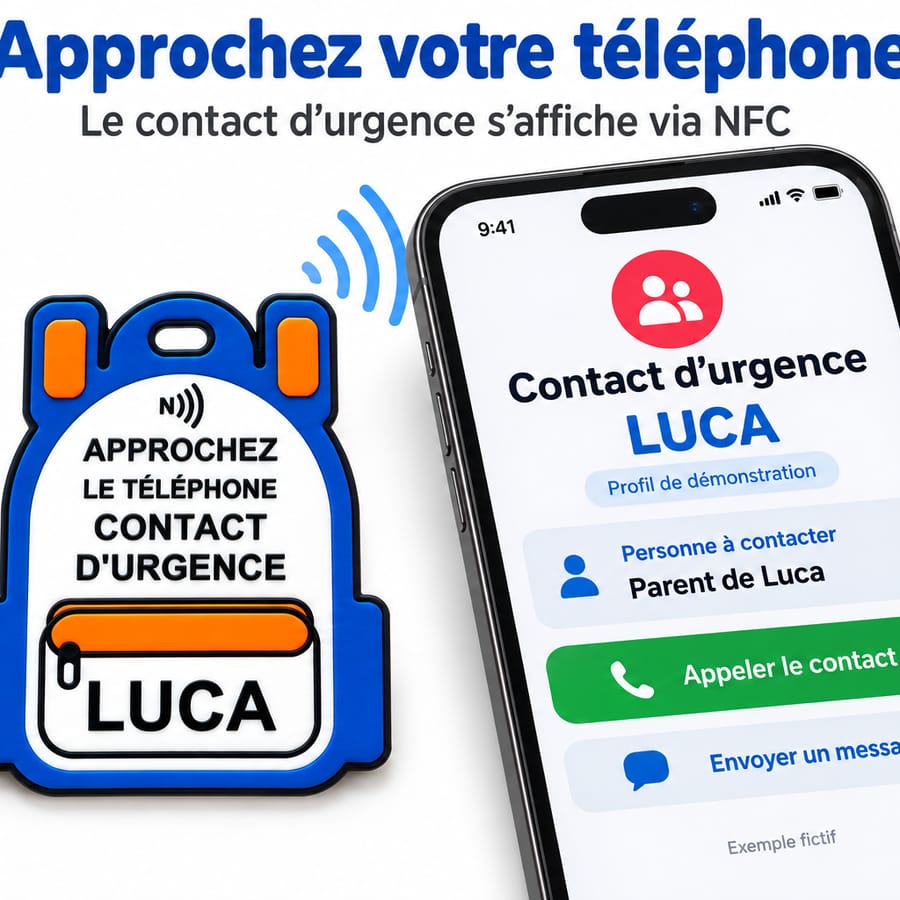 Porte-clés sac à dos NFC personnalisé – Contact d’urgence